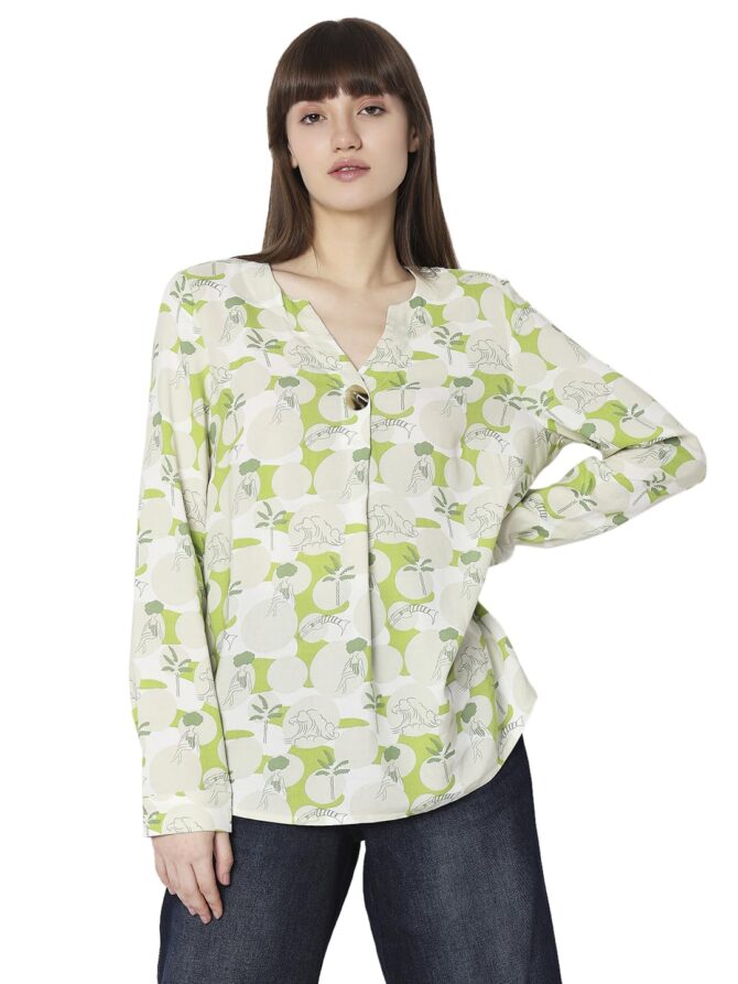 VERO MODA Women Botanical Print Viscose Regular Fit Green Top
