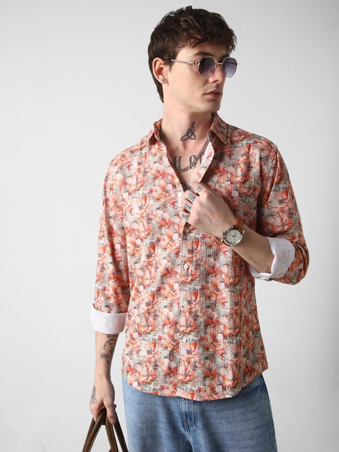 VASTRADO Men Multicolor Printed Shirt | 100% Polyester Fabric | Full Sleeve, Collar Neckline, Short Length | Regular Fit Casual Wear, Vibrant Design, Exotic Flowers | Large - Image 6