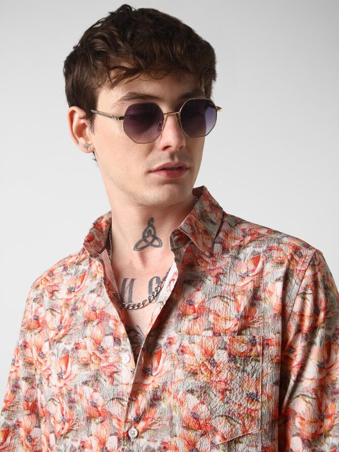 VASTRADO Men Multicolor Printed Shirt | 100% Polyester Fabric | Full Sleeve, Collar Neckline, Short Length | Regular Fit Casual Wear, Vibrant Design, Exotic Flowers | Large - Image 8
