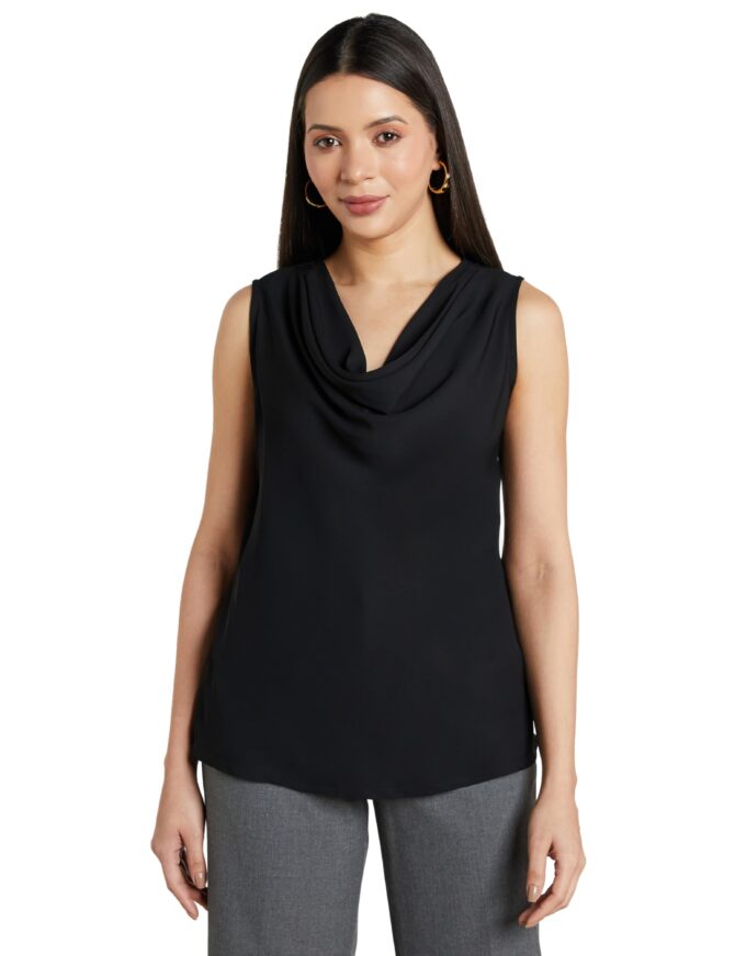 Symbol Premium Women's 'Desk-to-Dinner' Cowl Neck Top (Regular Fit | Stylish) (SBP-SS25-WTOP-107_Black L)