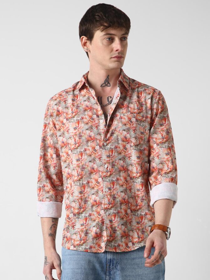 VASTRADO Men Multicolor Printed Shirt | 100% Polyester Fabric | Full Sleeve, Collar Neckline, Short Length | Regular Fit Casual Wear, Vibrant Design, Exotic Flowers | Large - Image 5