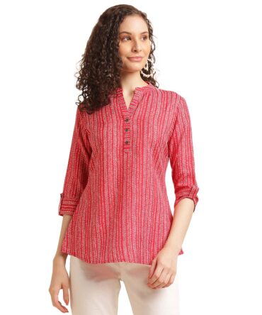 NAINVISH Women's Cotton Blend Mandarin Neck Regular Fit Printed Top (SD497_L_Red)