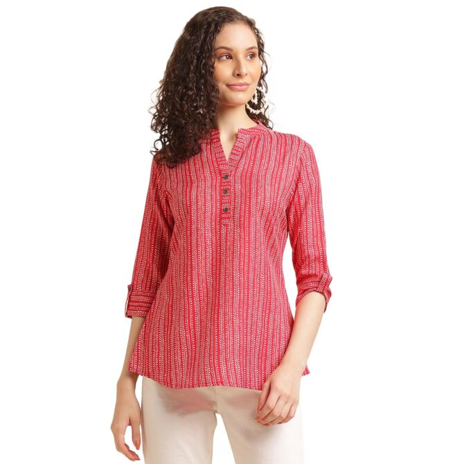 NAINVISH Women's Cotton Blend Mandarin Neck Regular Fit Printed Top (SD497_L_Red)