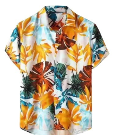 Leriya Fashion Shirt for Men | Tropical Leaf Printed Rayon Shirts for Men | Preppy Short Sleeves | Spread Collared Neck | Perfect for Outing | Beach |(LF-MS-6048-S-Orange)