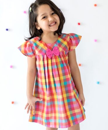 Campana Suzy Dress with Bow, Rainbow Check Print, Multicolour, 2-3Y, Summer Dress for Girls, Kids Wear, Toddler Fashion