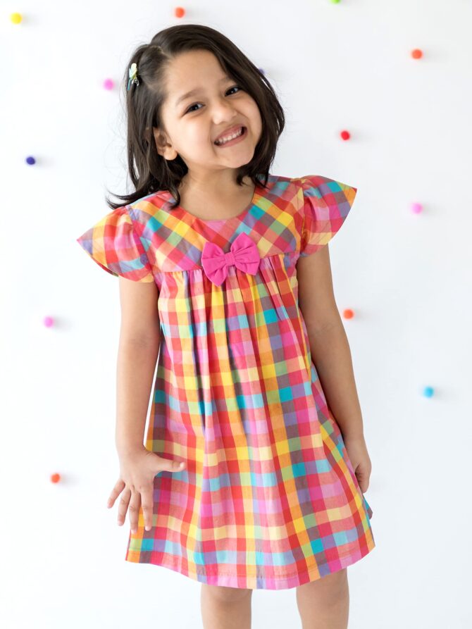 Campana Suzy Dress with Bow, Rainbow Check Print, Multicolour, 2-3Y, Summer Dress for Girls, Kids Wear, Toddler Fashion