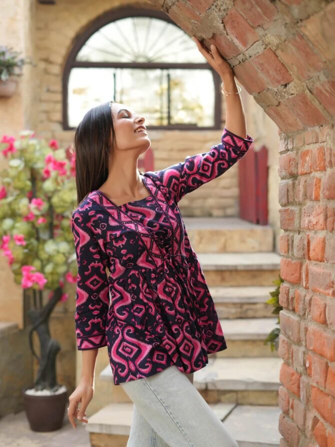 NAINVISH Women's Blue & Rose Floral Printed A-line Cotton Blend Square Neck Top (SD670_T-XXL) - Image 4