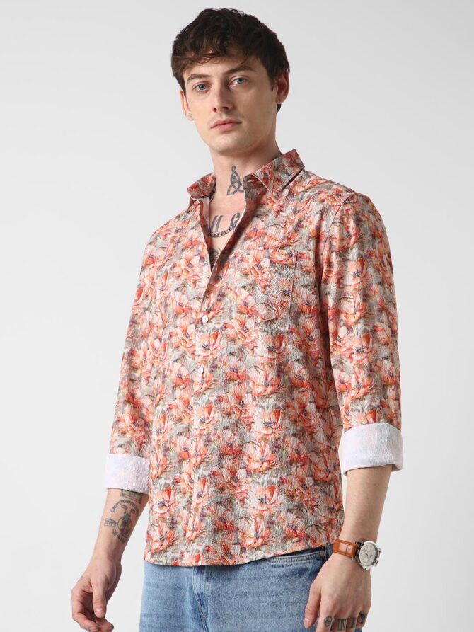 VASTRADO Men Multicolor Printed Shirt | 100% Polyester Fabric | Full Sleeve, Collar Neckline, Short Length | Regular Fit Casual Wear, Vibrant Design, Exotic Flowers | Large - Image 4