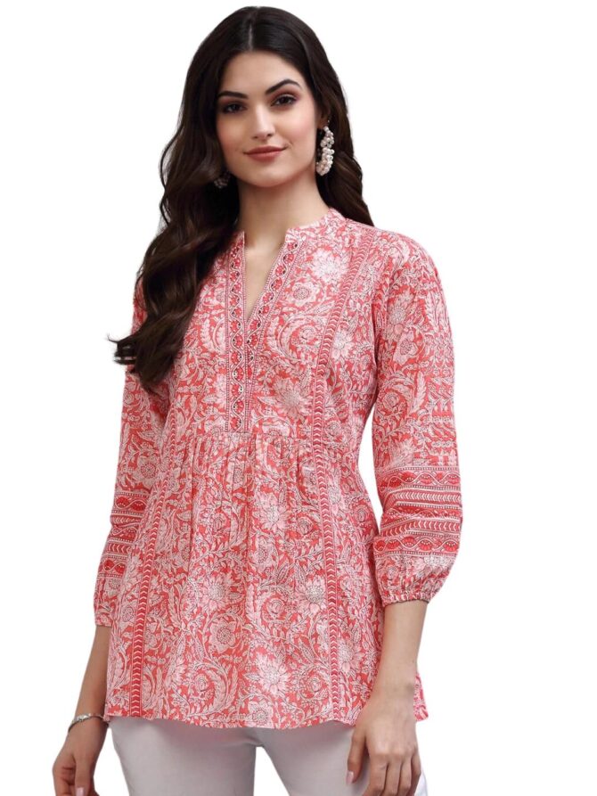 rytras Women's Floral Printed Cotton Top(Orange,L)