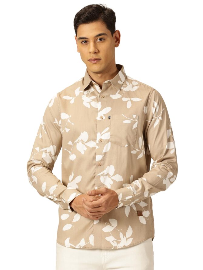 Thomas Scott Men 100% Cotton Full Sleeves Printed Casual Shirt (Beige, XL)