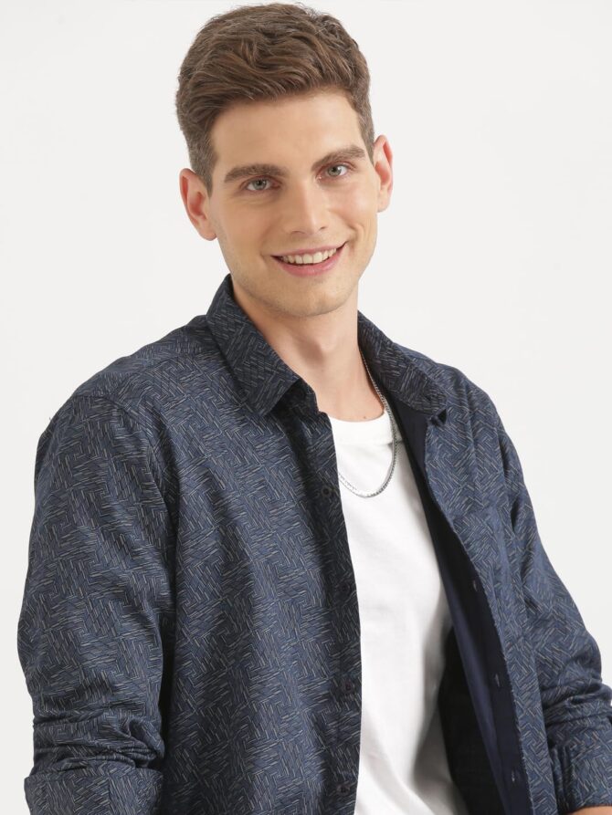 JOVEN Men's Navy Blue Printed Full Sleeve Shirt | Regular Fit | Pure Cotton | Casual Shirts for Men - Image 8