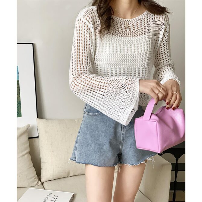 MYSTIFY Women®Short Openwork Sunscreen Knitted Pullover Women Summer Seaside Resort Loose Design Sense Long-Sleeve Sweater Top (White) - Image 3