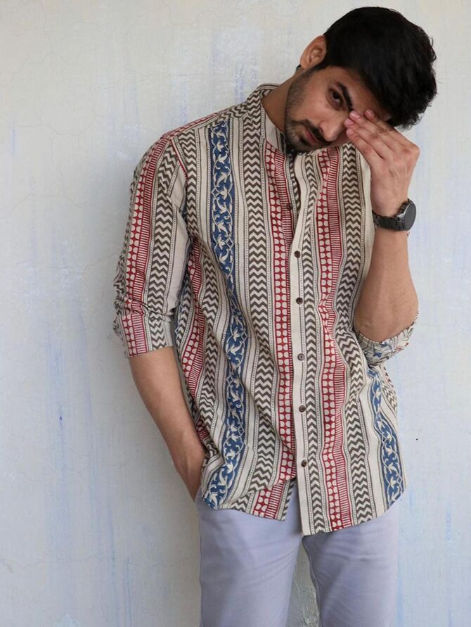 Uptravi Men's Printed 100% Cotton Full Sleeve Regular Fit Mandarin Collar Casual Wear Short Kurta Shirt (V_7895_Multicolor_M) - Image 6