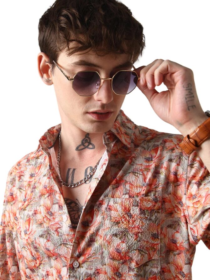 VASTRADO Men Multicolor Printed Shirt | 100% Polyester Fabric | Full Sleeve, Collar Neckline, Short Length | Regular Fit Casual Wear, Vibrant Design, Exotic Flowers | Large