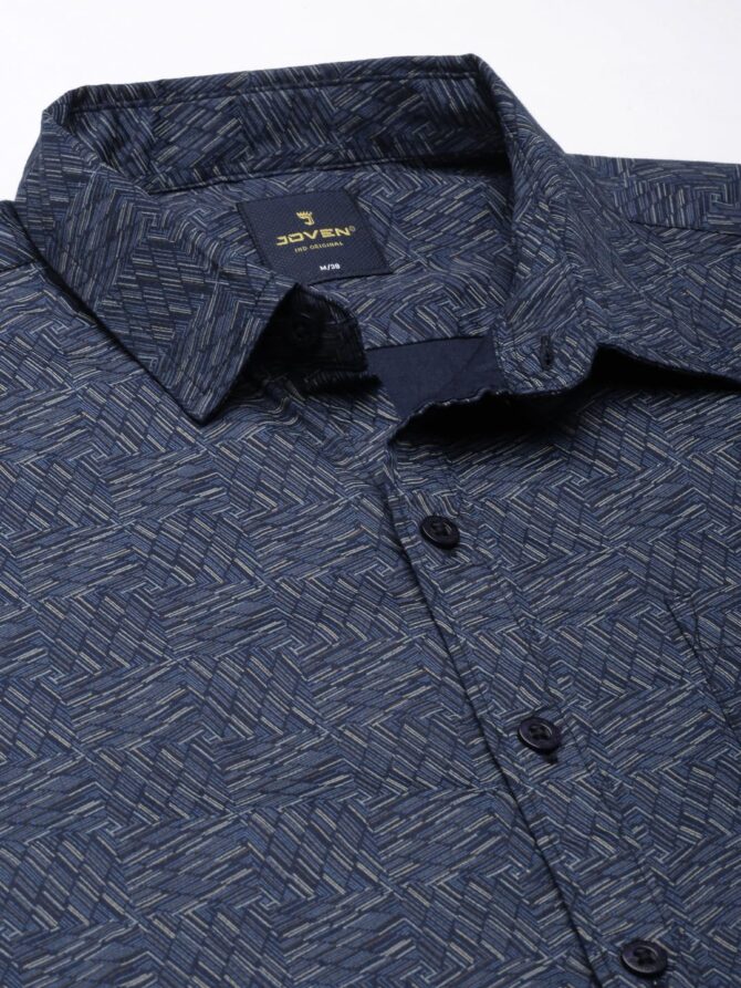 JOVEN Men's Navy Blue Printed Full Sleeve Shirt | Regular Fit | Pure Cotton | Casual Shirts for Men - Image 2