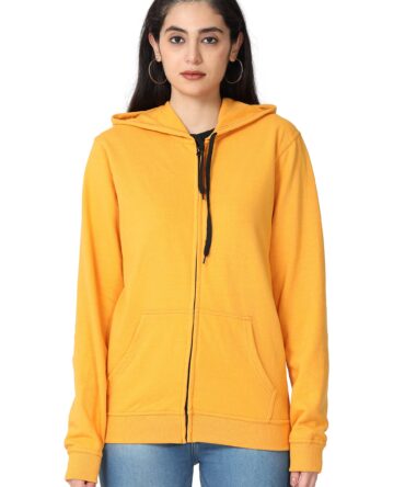Wafaa Women's Cotton Plain Hooded Neck Full Zipper Mustard Yellow Color Sweatshirt Regular Fit Hoodies with Kangaroo Pocket Large Size