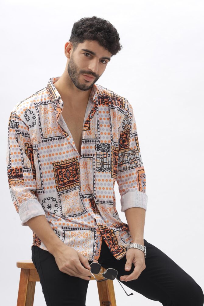 USTAAD Geometric Printed White & Orange Full Sleeve Shirt for Men's - Stylish Men's Shirt with Geometric Design | Regular fir Shirt for Casual and Outing - Image 2