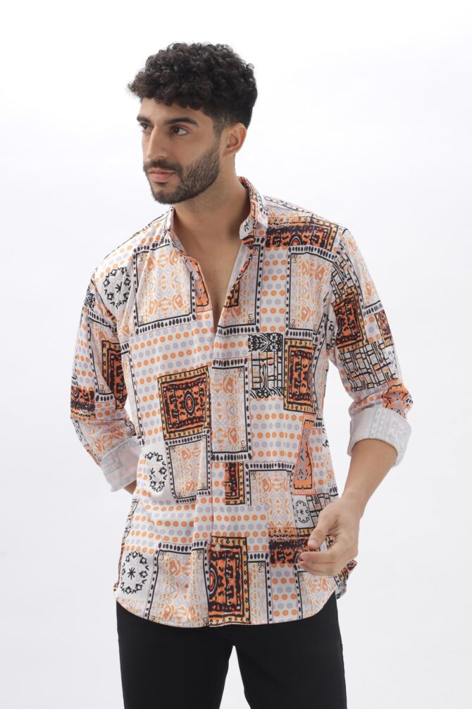 USTAAD Geometric Printed White & Orange Full Sleeve Shirt for Men's - Stylish Men's Shirt with Geometric Design | Regular fir Shirt for Casual and Outing - Image 6