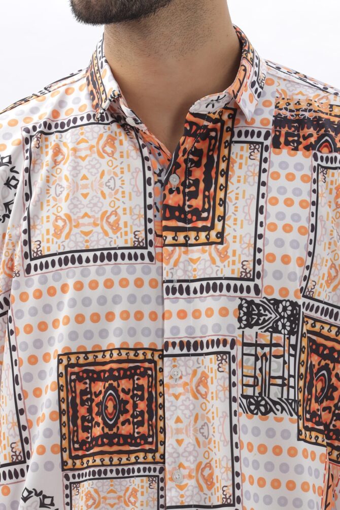 USTAAD Geometric Printed White & Orange Full Sleeve Shirt for Men's - Stylish Men's Shirt with Geometric Design | Regular fir Shirt for Casual and Outing - Image 4