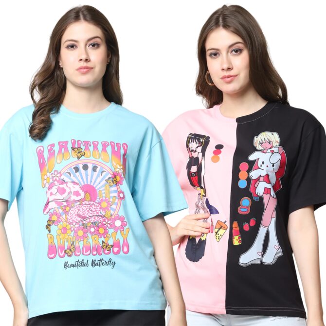 Preneum 100% Pure Cotton Oversized Loose Baggy Fit Drop Shoulder Half Sleeve Round Neck Cool Front Trendy Printed T-Shirt for Women/Girls (in, Alpha, 2XL, Plus, Blue & Black & Pink)