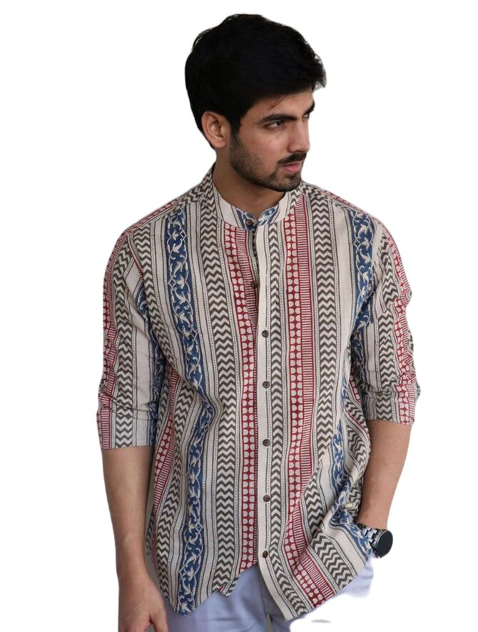 Uptravi Men's Printed 100% Cotton Full Sleeve Regular Fit Mandarin Collar Casual Wear Short Kurta Shirt (V_7895_Multicolor_M)