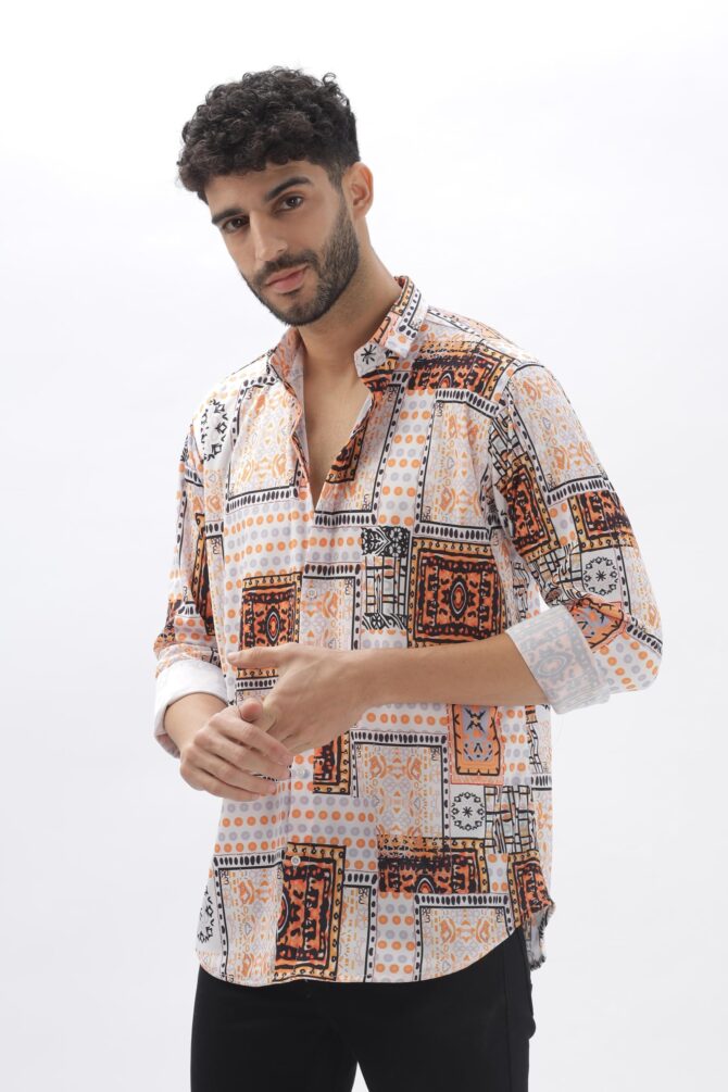 USTAAD Geometric Printed White & Orange Full Sleeve Shirt for Men's - Stylish Men's Shirt with Geometric Design | Regular fir Shirt for Casual and Outing - Image 8