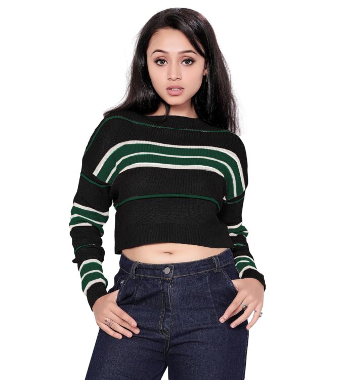 ICW Acrylic Women's Knit Loose Fit Boat Neck Drop Shoulder Crop Top Pullover Sweater (ONE Size Fit Bust 32-36 INCH) (Black) - Image 4