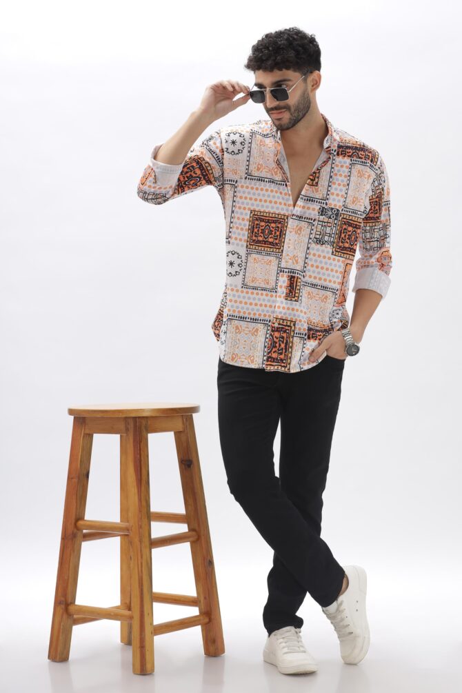 USTAAD Geometric Printed White & Orange Full Sleeve Shirt for Men's - Stylish Men's Shirt with Geometric Design | Regular fir Shirt for Casual and Outing - Image 3