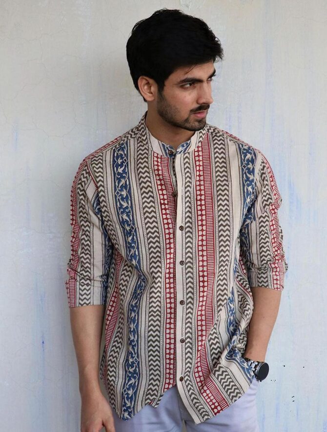 Uptravi Men's Printed 100% Cotton Full Sleeve Regular Fit Mandarin Collar Casual Wear Short Kurta Shirt (V_7895_Multicolor_M) - Image 2