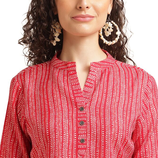 NAINVISH Women's Cotton Blend Mandarin Neck Regular Fit Printed Top (SD497_L_Red) - Image 2