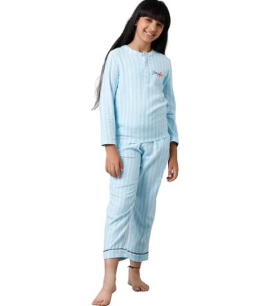 Under Fourteen Only Checker Cotton Nightwear Set with Top & Pyjama for Girls, Half Sleeve Brushed Flannel Nightsuit/Sleepsuit/Sleepwear/Loungewear Combo Set for Kids (2-3 Years, Blue)
