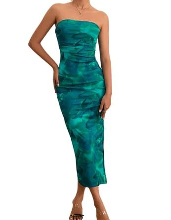 Milumia Women's Printed Strapless Tube Top Long Dress Slit Hem Sleeveless Bodycon Maxi Dresses, Blue, X-Large