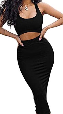 GOBLES Women's Sexy Summer Outfits Bodycon Tank Top Midi Skirt 2 Piece Dress Black