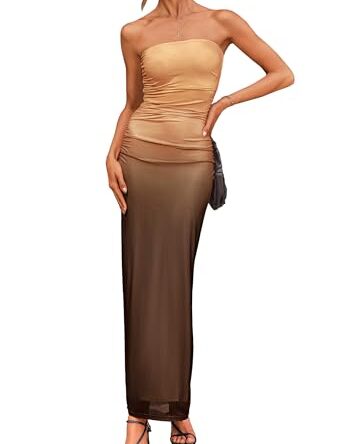 PRETTYGARDEN Women's Summer Maxi Bodycon Dresses Strapless Tube Top Printed Long Party Club Slit Dress, Gradient Apricot Brown, M