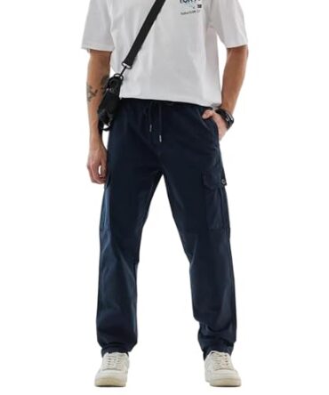 Snitch Mens Navy Multi Pocket Drawstring Cotton Blend Full Length Light Weight Breathable Relaxed Fit Cargo Pants