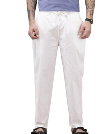 Qashida Men's Cotton Blend Solid Trouser Pants with Drawstring Waistband | Elasticated Waist | Relaxed Fit | Casual with Side and Back Pockets, White