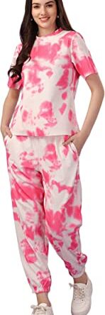 ELLITI Women's Night Suit Set for Women, Lounge Wear, Printed Top and Pyjama Set for Women Nightwear/Loungewear/Night Dress for Women Knitted Tie & Dye Printed Crop T-Shirt -Pyjama Pink