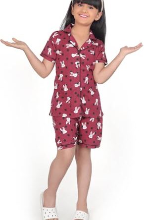 BLOEM Girls Cotton Printed Nightsuit | Night Suit Set for Girls | Soft & Breathable Sleepwear Set (White, 7-8 Years)