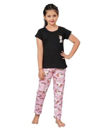 BLOEM Girls Cotton Animal Print Nightsuit | Top & Pyjama Set for Girls | Soft & Breathable Sleepwear Set (White, 7-8 Years)