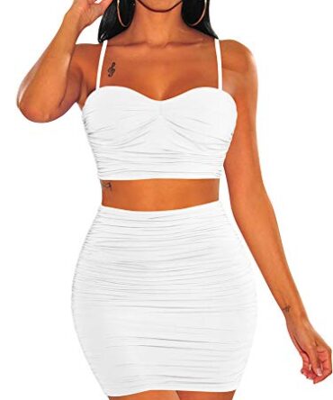 BEAGIMEG Women's Spaghetti Strap Sexy Top Bodycon Skirt Ruched 2 Piece Mini Dress White