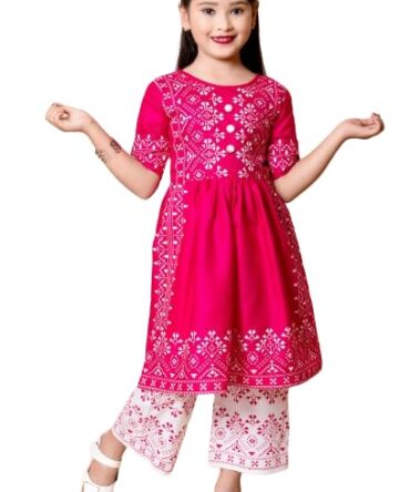 Badshah New Dresses Cotton Blend Casual Printed Short Sleeves Long Kurta And Pallazzo Set For Girls Kids (Pink)