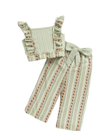 TAGAS Polyester Girl Summer Casual Top Puff Sleeve And Printed Long Pants 2Pcs Outfit || Two-Piece Set FOR GIRLS ||GIRLS Clothing Set||(GTP-70), Pista Green, 9 Years-10 Years