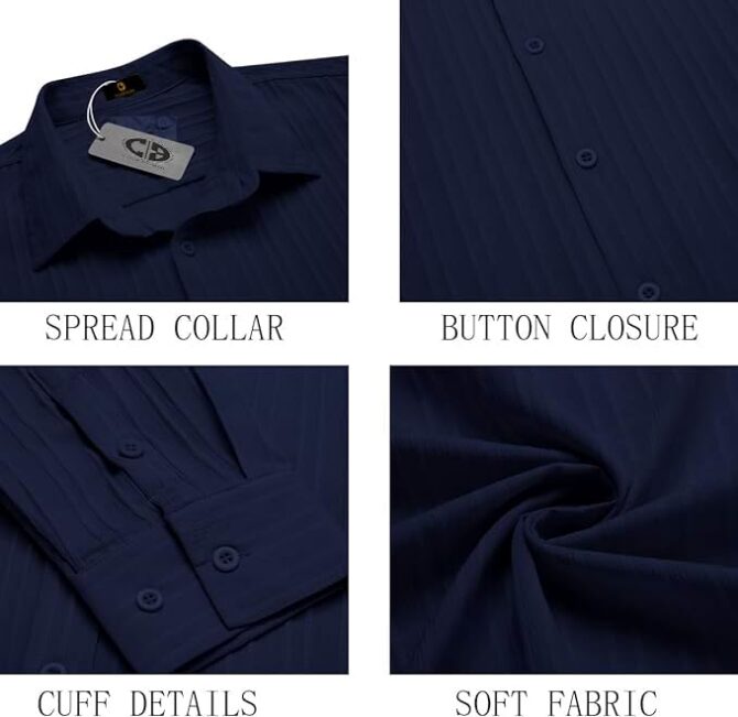 CB-COLEBROOK Men's Casual Button Down Shirts Long Sleeve Linen Shirt Fashion Textured Beach Summer Shirt (in, Alpha, XL, Regular, Navy Blue) - Image 3