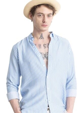 U-TURN Men's Cotton Casual Printed Striped Stylish Latest T-Shirt For Men (Skyblue-White; Medium, Regular Fit)