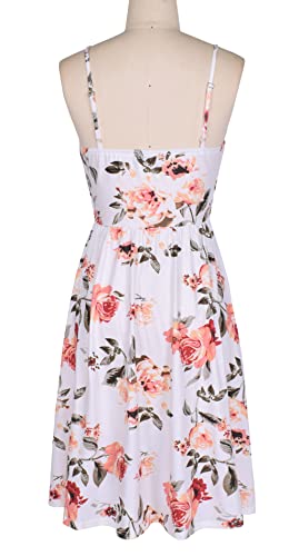 Drimmaks Women's Flattering Dresses Sleevless Rucehd Top Button Down Swing Midi Casual Party Dress(White Floral 2,M) - Image 2