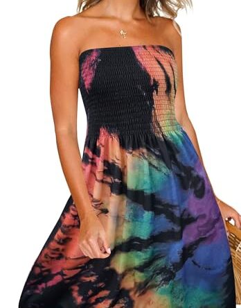 Zyyfly Strapless Dress for Women Summer Beach Boho Smocked Tube Top Dress, Multicoloured, X-Large