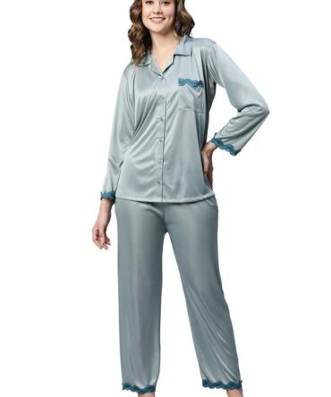 AV2 Women's Satin Solid Pajama Set (Grey_Large)