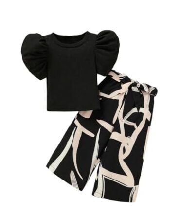 TAGAS Girl Summer Casual Top Puff Sleeve and Printed Long Pants 2pcs Outfit || Two-Piece Set FOR GIRLS || girls dress ||Clothing Set for girls || fansy dress for girls ||(GTP-59)