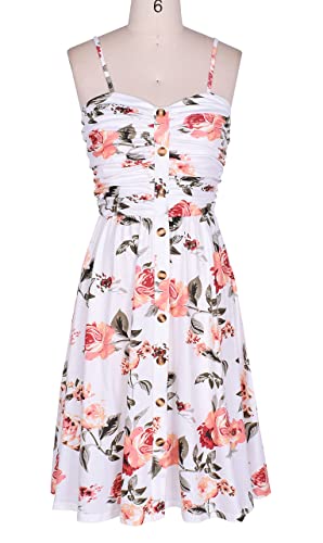 Drimmaks Women's Flattering Dresses Sleevless Rucehd Top Button Down Swing Midi Casual Party Dress(White Floral 2,M) - Image 3