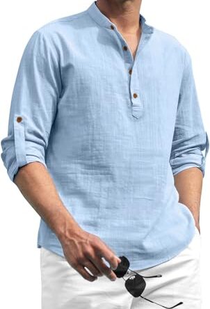 Zombom Cotton Blend Solid Casual Regular Fit Mandarin/Chinese Collor Short Kurta for Men Sky Blue